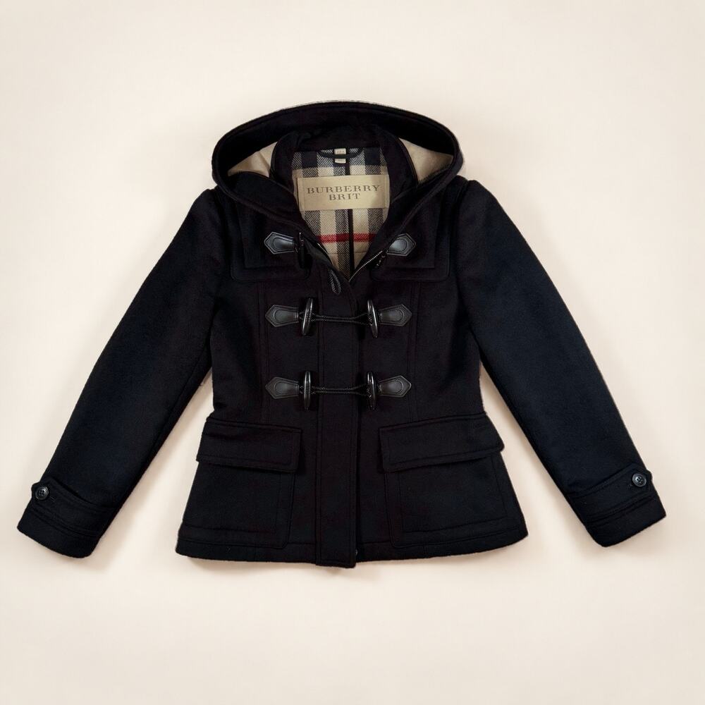 Burberry Brit Blackwell Short Wool Duffle Coat Black Check Lined Hood US 6 UK 8